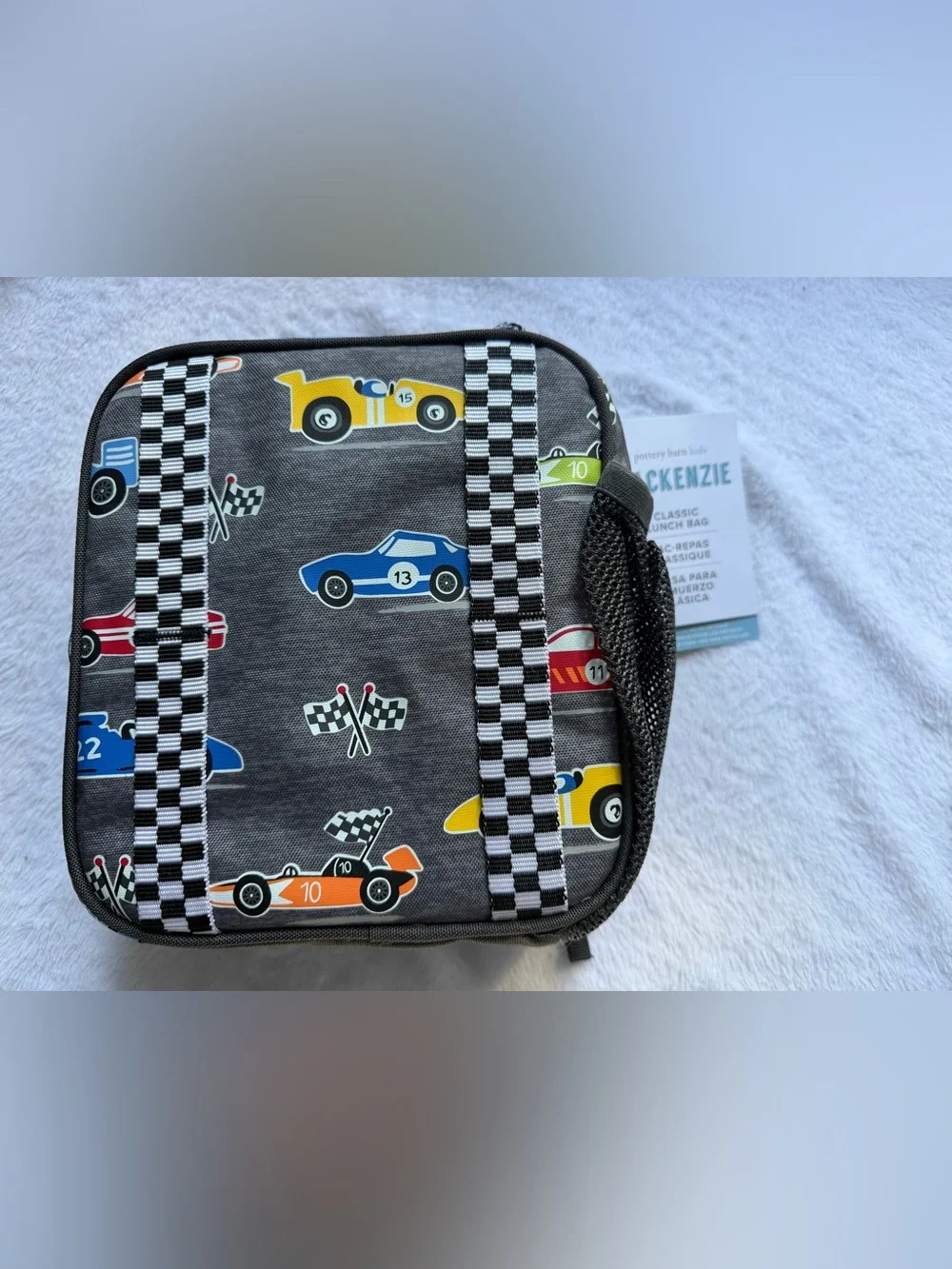 Pottery Barn Kids Gray Lunch Bag with Colorful Race Cars